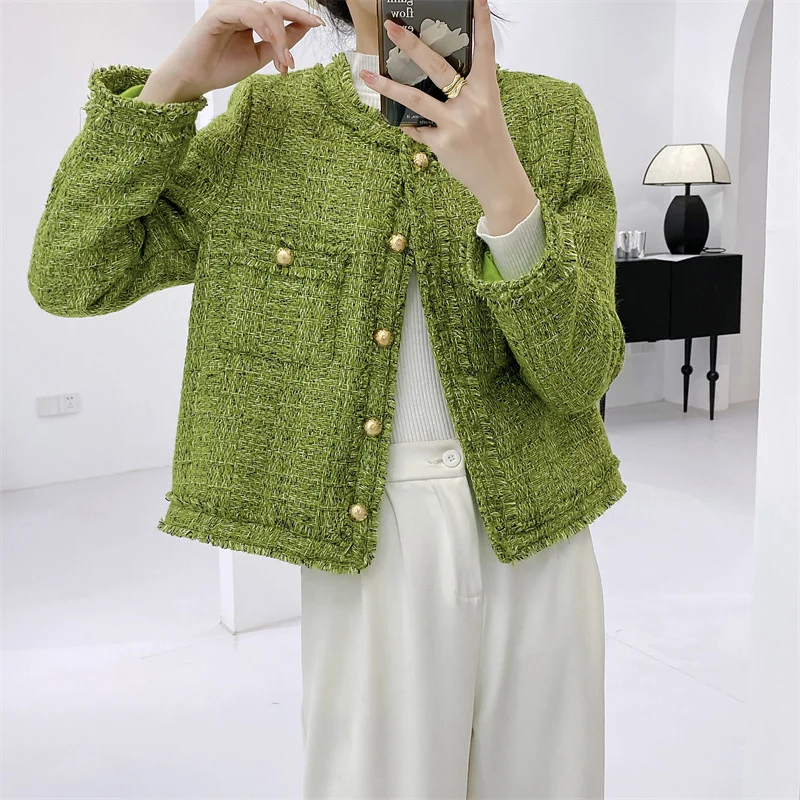 Green Tweed Jacket Coat Women Coarse Woolen Short Outerwear Autumn Winter Fashion O-neck Single-breasted Casual Tops Small Coats