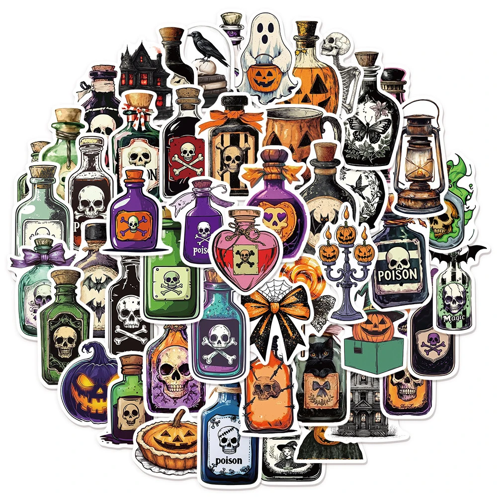 

10/30/50pcs Gothic Magic Potion Bottle Stickers Cartoon Halloween Skull Decals Toy for Skateboard Guitar Laptop Car Cool Sticker
