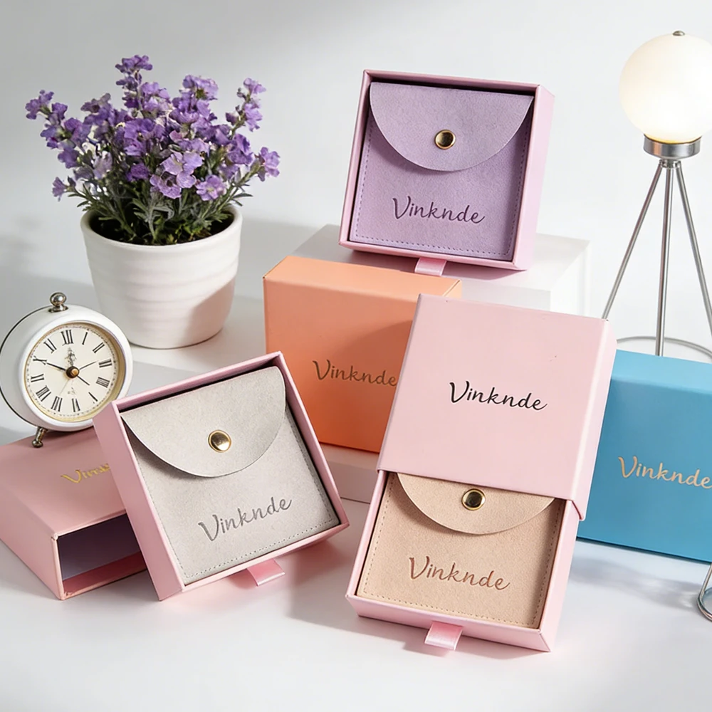 

50Pcs Personalized Logo Jewelry Packaging Box Necklaces Earrings Rings Bracelet Storage Boxes With Velvet Microfiber Button Bags