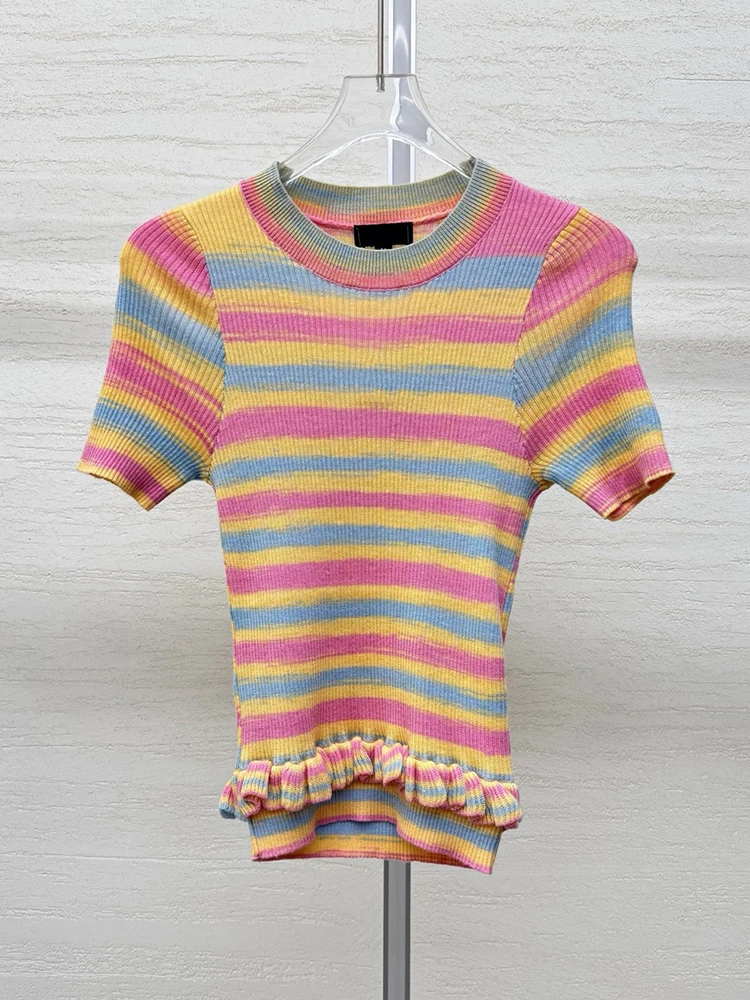 

Spring Summer Fashion Indoor Casual Streaks Wool Knitting Pullovers Women's O-Neck Short Sleeve Flounces Slim Tops