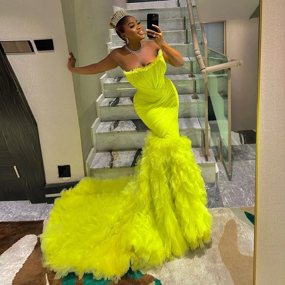 Striking Neon Yellow Mermaid Evening Dresses With Big Volume Tulle Bottom Aso Ebi Stylished Long Prom gowns Bridal Dress