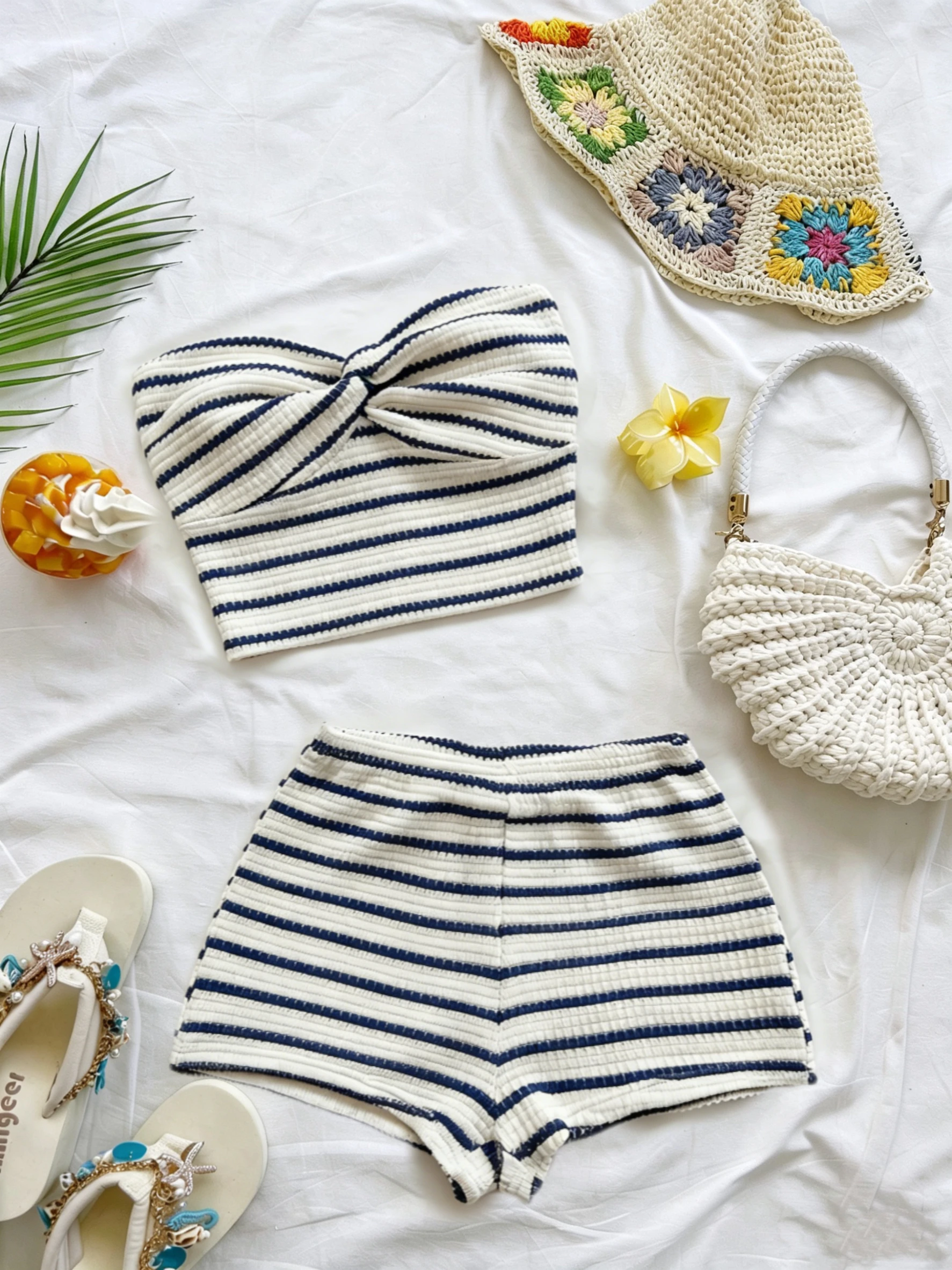 

Striped Knit 2-Piece Set, Twist-Front Bandeau Top + Shorts