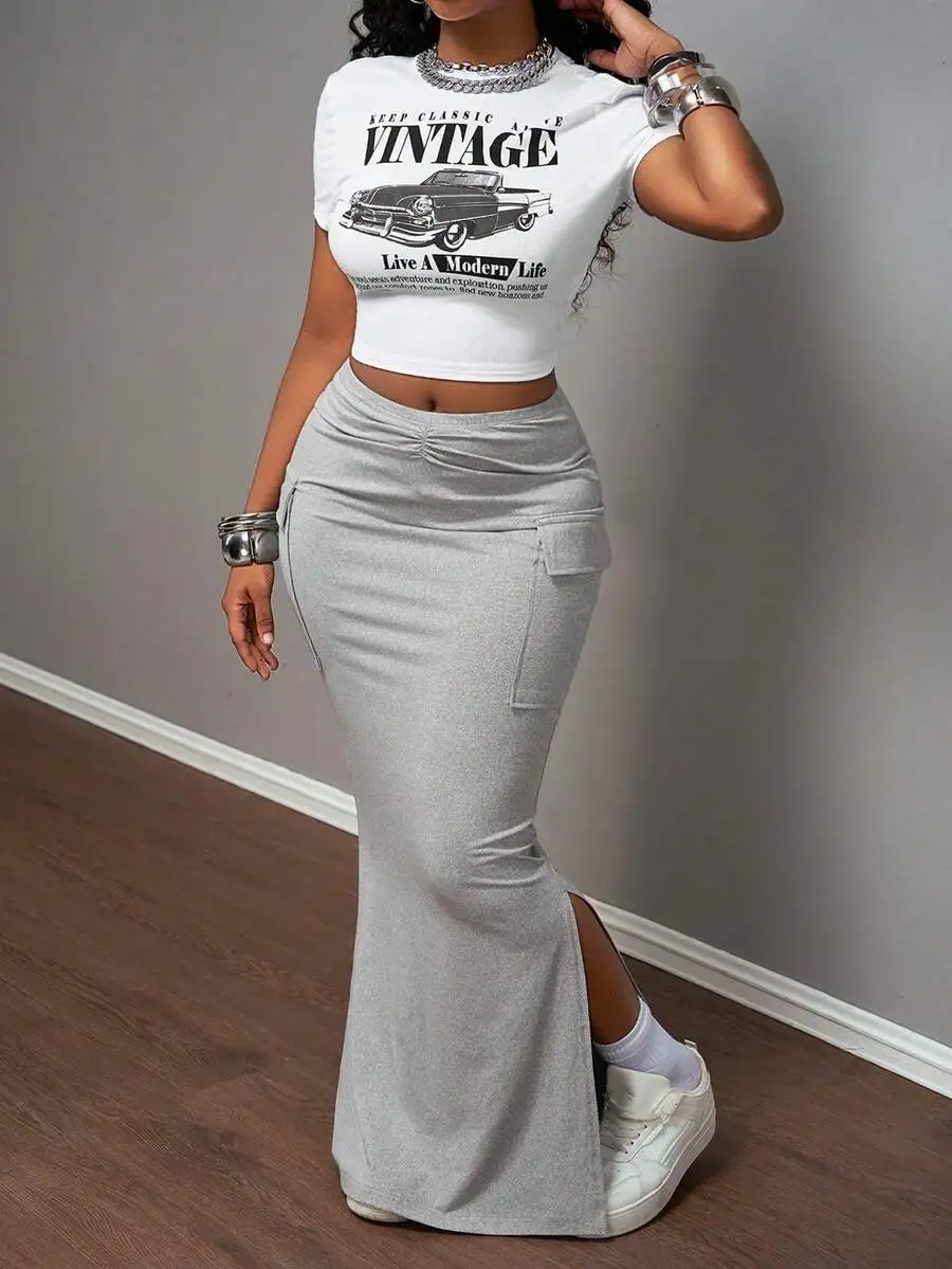 Slaydiva Women Light Grey Summer Casual Streetwear City Break Y2K 2pcs Set,Retro Graphic Print Short Sleeve Cropped Fitted