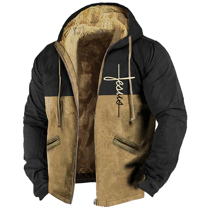 Winterjassen voor heren Fleeced herenjassen Opvulling Windjack Jezus Christus print Hoodies met rits Parka's Warme bovenkleding Sweatshirt