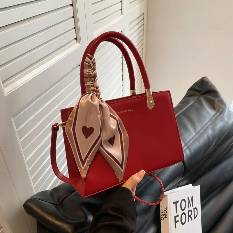 New Red Bridal Handbag French Versatile Commute Women One Shoulder Bags Texture Stone Pattern PU Crossbody Bag with Scarves