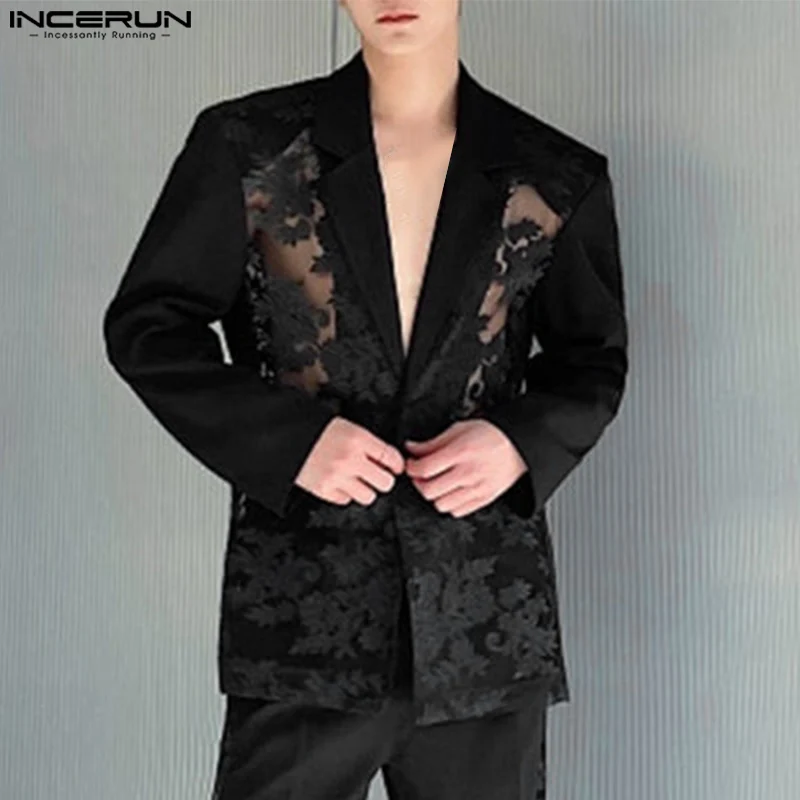 INCERUN Men Blazer Mesh Patchwork Lace Transparent Lapel Long Sleeve Casual Suits Men Streetwear 2024 One Button Fashion Coats