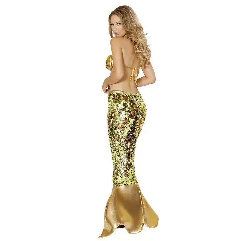 مثير ليتل ميرميد زي المرأة الذهب الصدرية حورية البحر ذيل مطرزة تنانير طويلة أنيمي ارييل تأثيري فستان الأميرة مجموعة هالوين E
