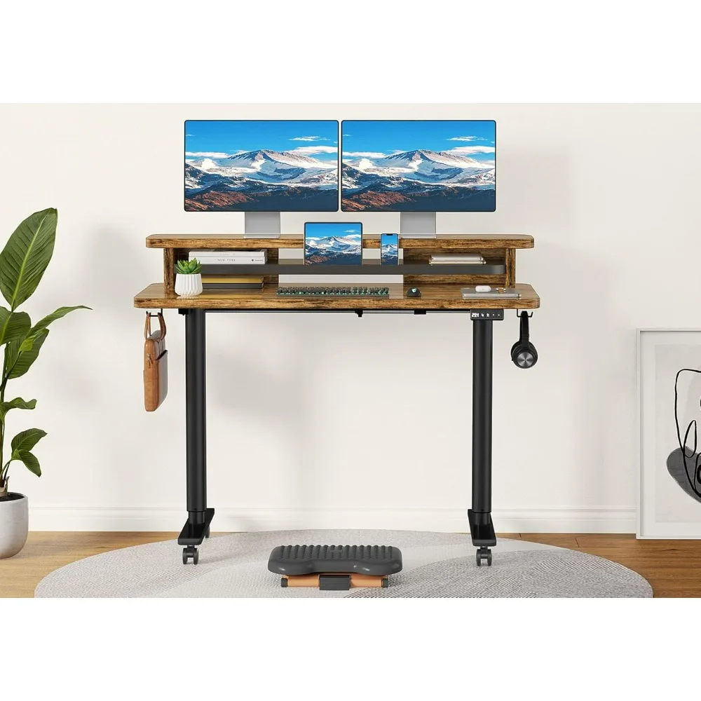 Electric Standing Desk, Height Adjustable Desk Sit Stand Desk with Memory Controller, Casters & 2 Hooks, Low Noise Home Desk