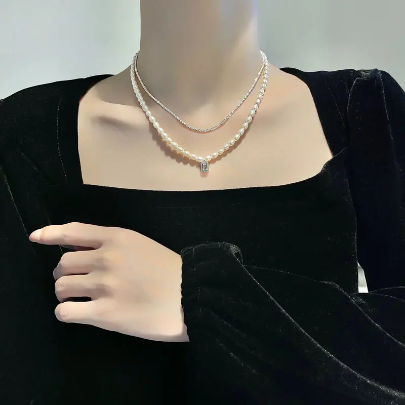 925 Sterling Silver Sparkling Square Necklace Stacked Pearl Pendant Temperament Women Luxury Clavicle Chain Fine Jewelry