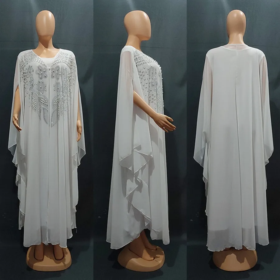 New African Dashiki Women's Fashion Abaya Stylish Chiffon Fabrics Hot Drilling Loose Long Dress Free Size + Inside