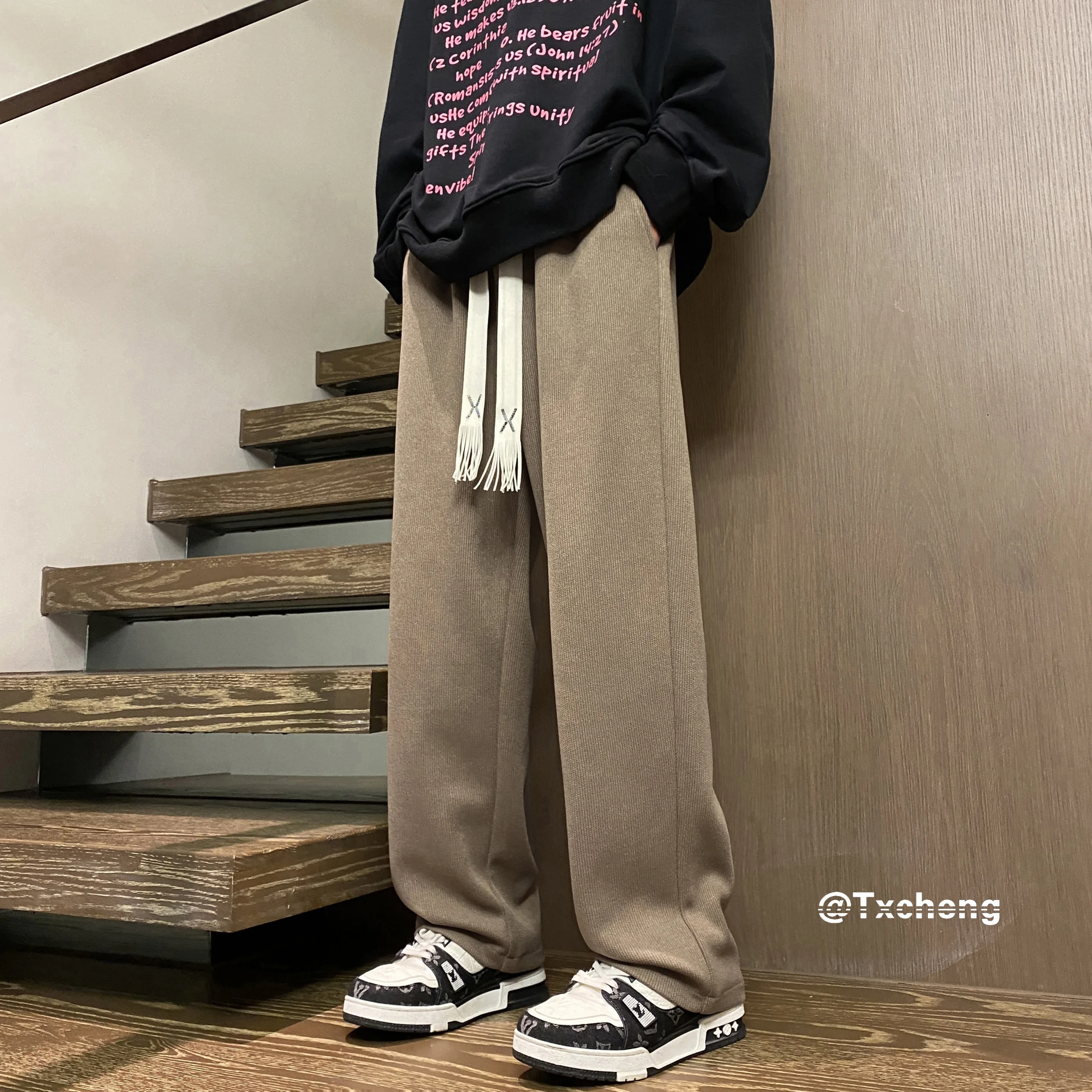 

American Sle Knitted Casual Pants Men's Loose Wide Leg Spring Autumn New Straight Leg Long Pants Large Size Sweatpants