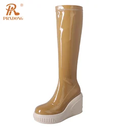 PRXDONG New Fashion cunei in pelle verniciata tacchi alti scarpe con plateau donna stivali alti al ginocchio autunno inverno scarpe calde taglia 34-39