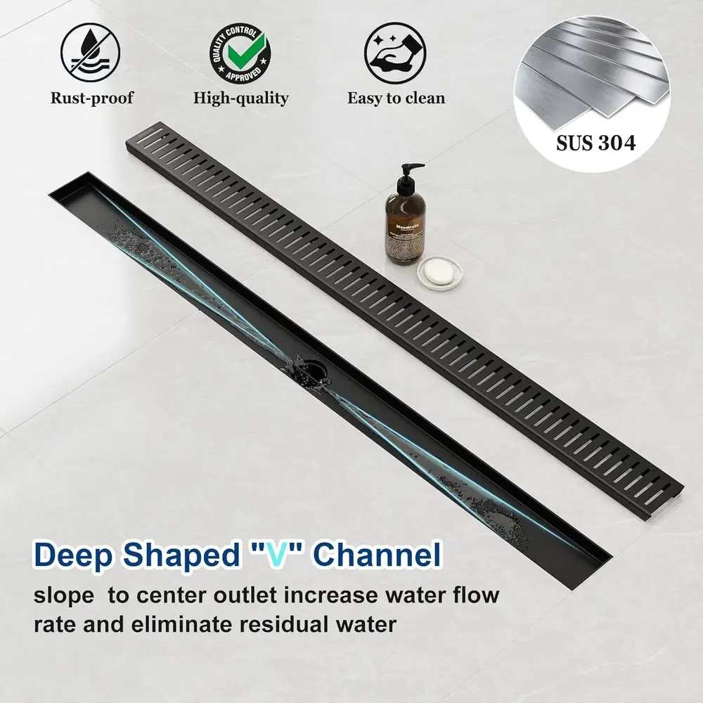 36 Matte Black Linear Shower Drain with Removable Grate, 304 Stainless Steel, CUPC Certified, Hair Strainer Included