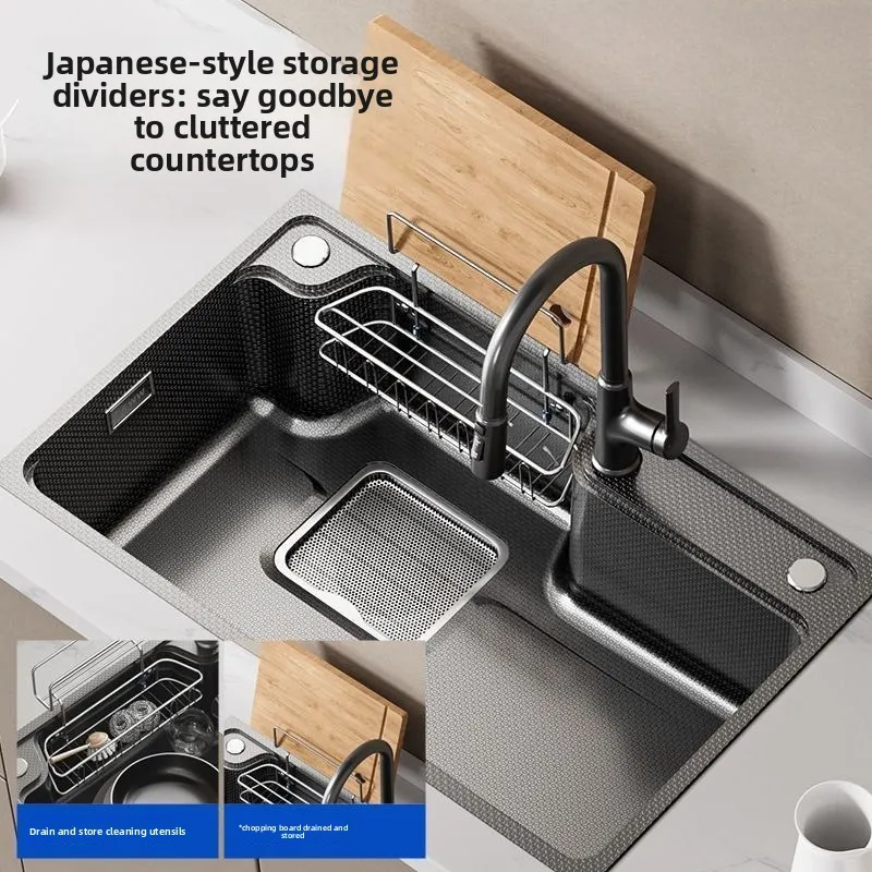 

Squirrel Wave Japanese Style Sink 5MM Thickened 304 Stainless Steel Washing Bowl Table Large Single Bowl Double Filter Net Multi