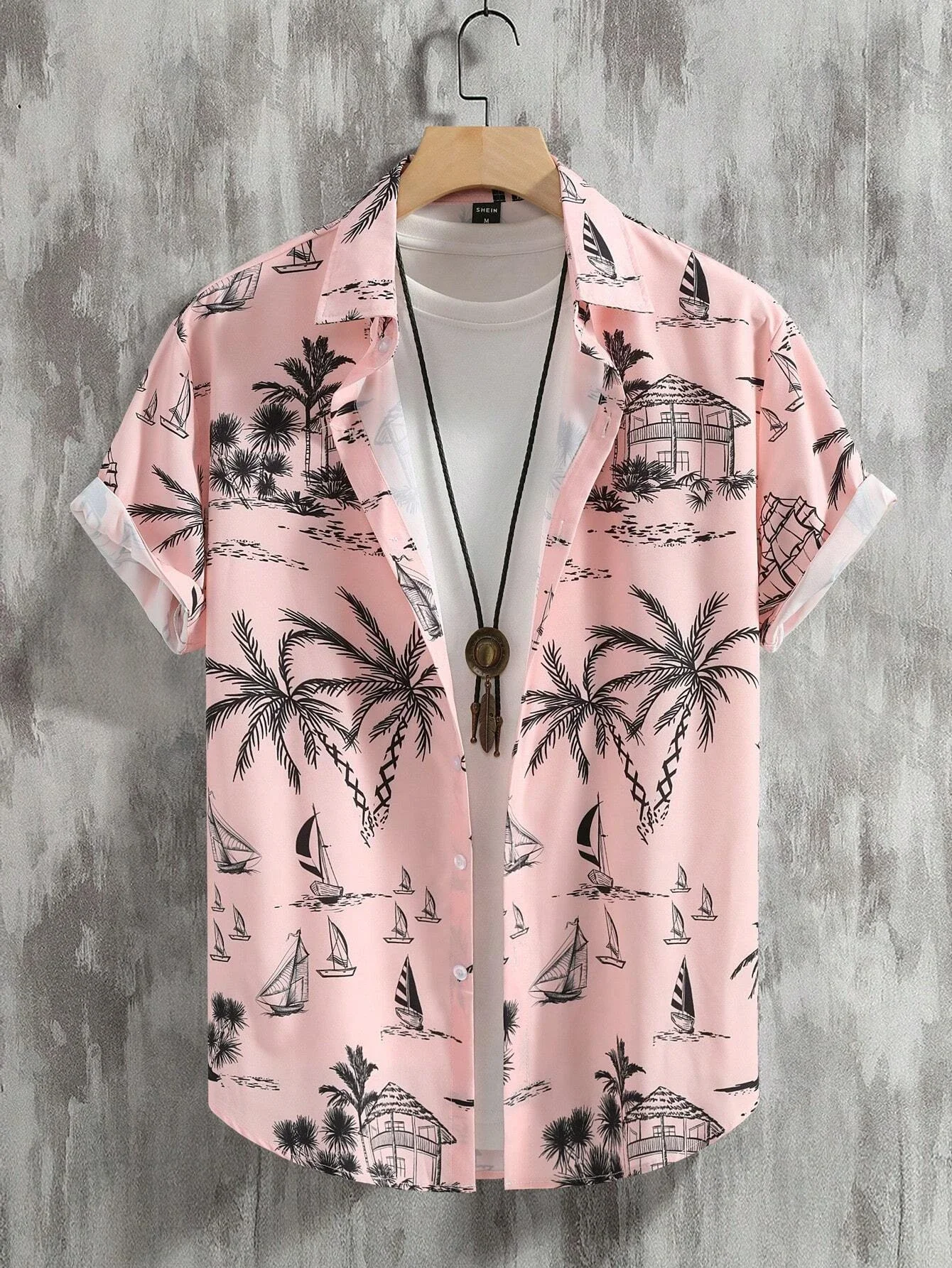 Loose Lightweight Button Up Aloha Shirt Men Daily Vacation Blouse, Minimal Line Drawing Seaside Coconut Tree Yacht Pattern