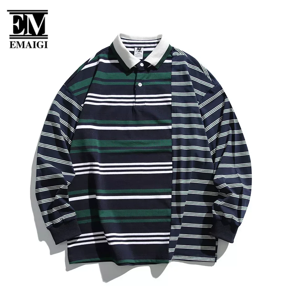 Striped Sweatshirt Men Cityboy Streetwear Fashion Loose Casual Vintage Pullover Polo Shirts Women Sweatshirts Campus Clothes