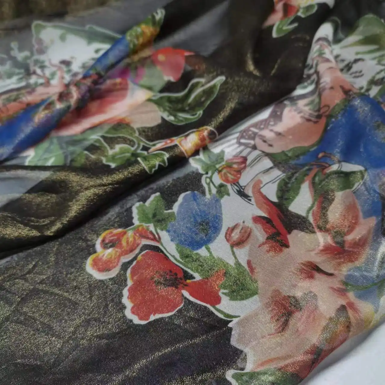 

On Sale Bling Silk Shiny Bronzing Soft Fabric Flower Print DIY Sewing Shirt Wedding Material Tissue