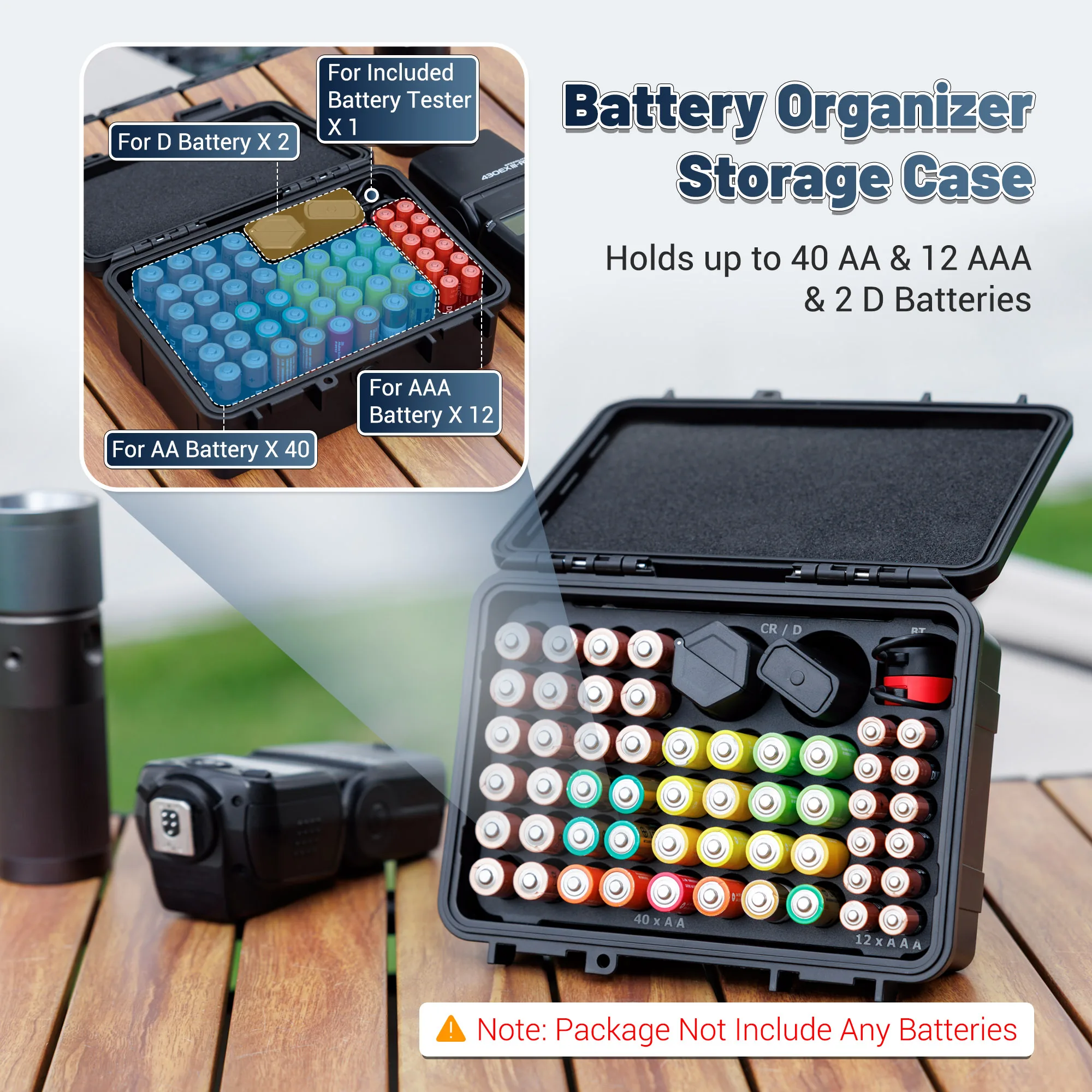 Caja organizadora de baterías con 54 ranuras, resistente al agua IP68 con probador para 40 pilas AA + 12 AAA + 12 CR2032 CR2025 + 18 pilas de botón LR44