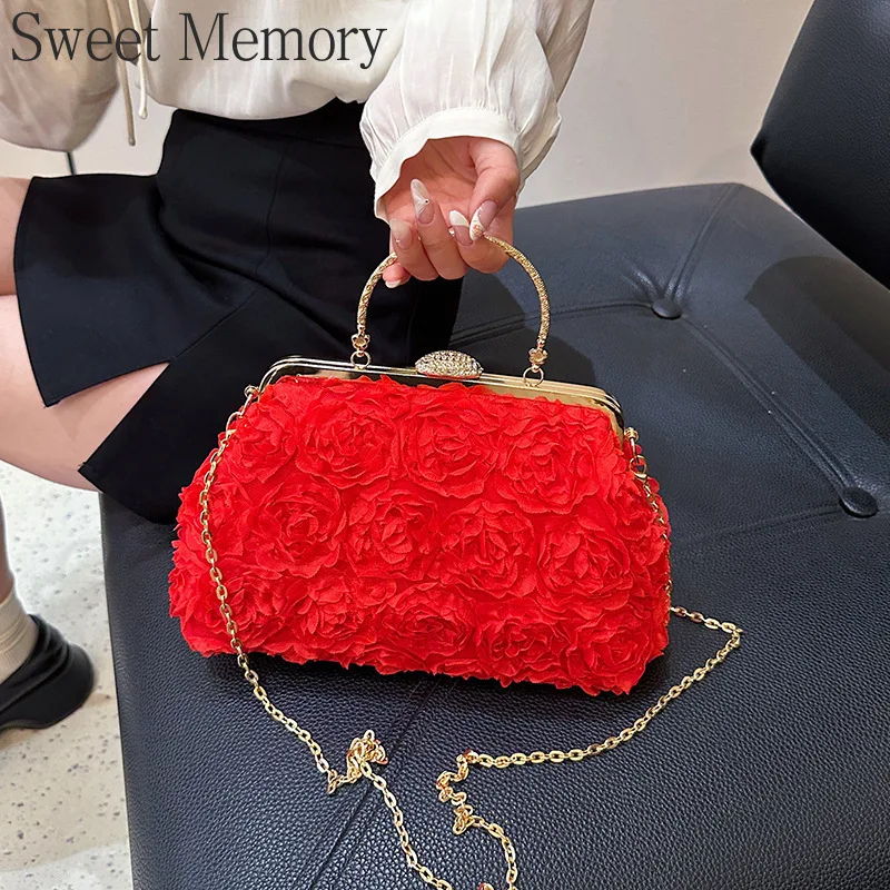 J142 Pink Red Dolly Bags 2025 Sweet Memory Clip on Evening Bridal Bag Flower Chain Single Shoulder Diagonal Cross Women's Bag