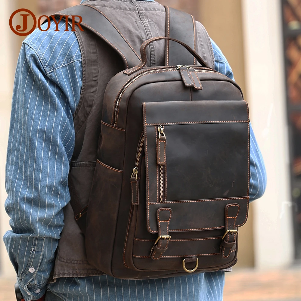 

JOYIR Retro Crazy Horse Leather Men's Backpack 15.6inch Laptop Bag Travel Backpacks Schoolbags Cowhide Male Daypack Shoulder Bag