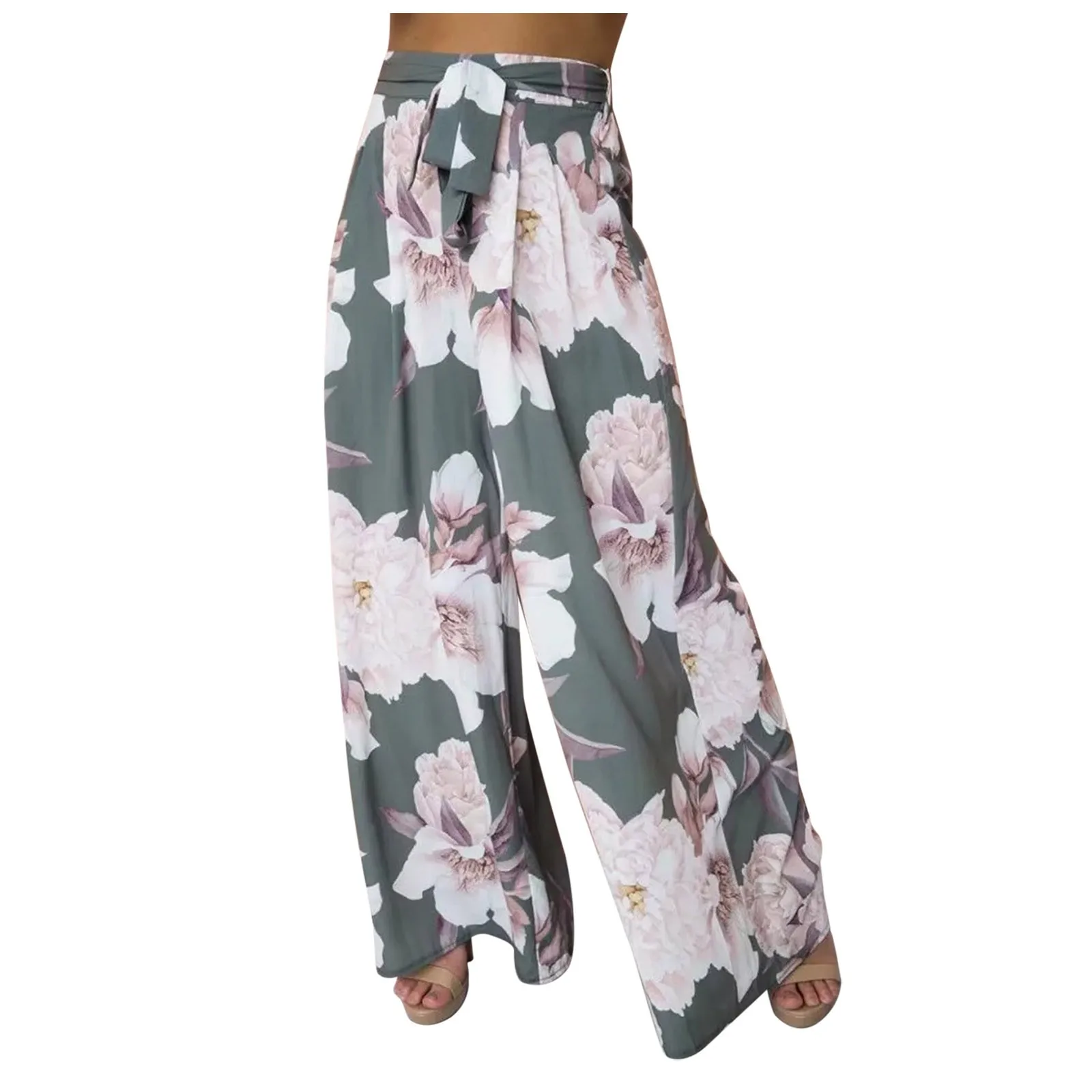 Pantalones de pierna ancha con estampado de flores para mujer, pantalón largo de cintura alta con cordones, estilo Palazzo, holgado e informal