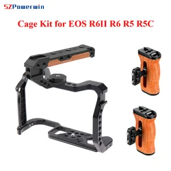 Powerwin Camera Cage For Canon EOS R6 Mark II R6II R6 R5 R5C wooden Handgrid Handle Kit Aluminum Alloy Arri Locating Screw