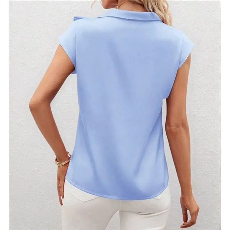 CYL-여성용 보타이 모크넥 캡 슬리브 새틴 블라우스 오피스 셔츠