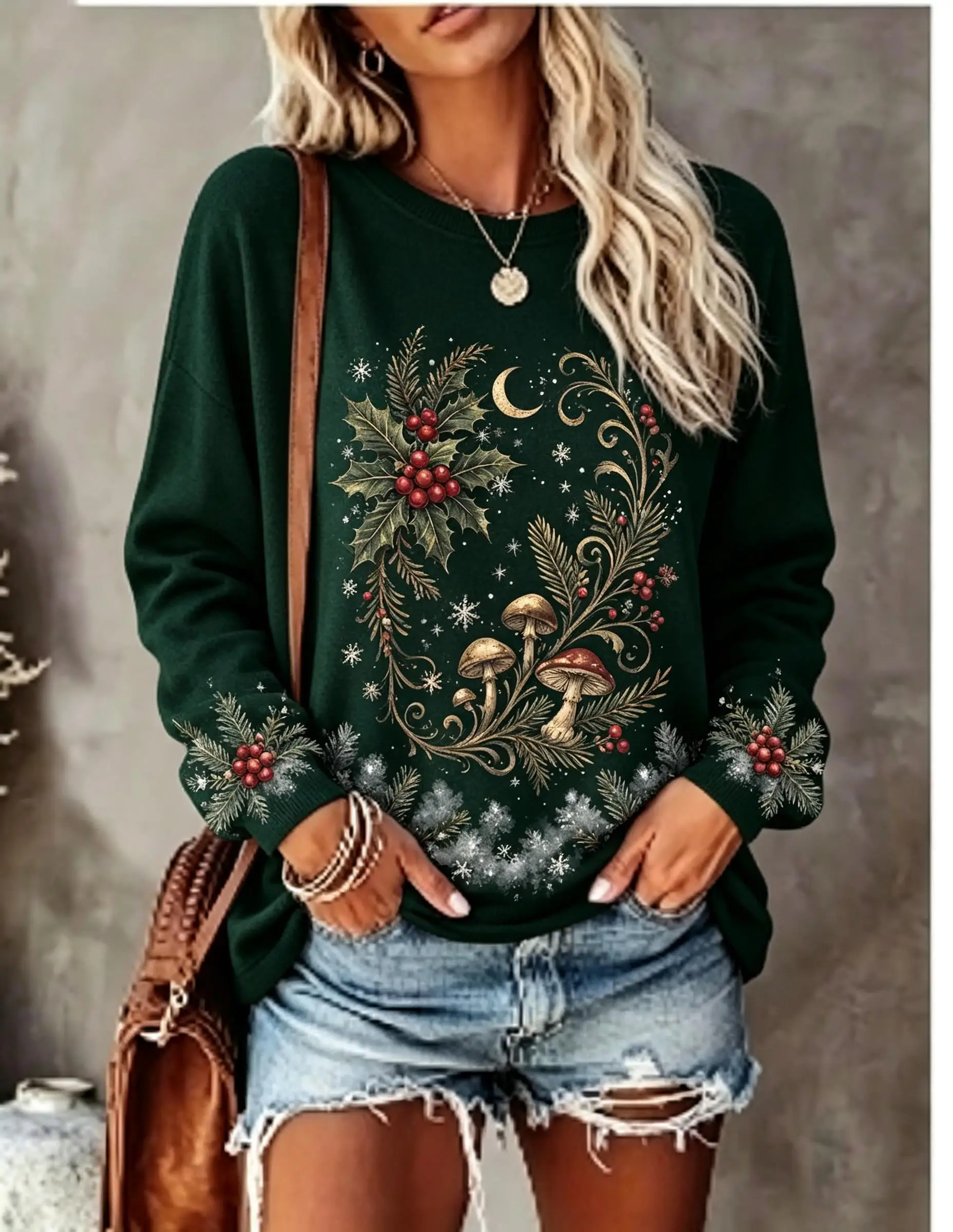 Women Long Sleeve T‑Shirt Christmas Holly Berry Mushroom Moon Pine Branch Retro Botanical Print Crew Neck Winter Tops