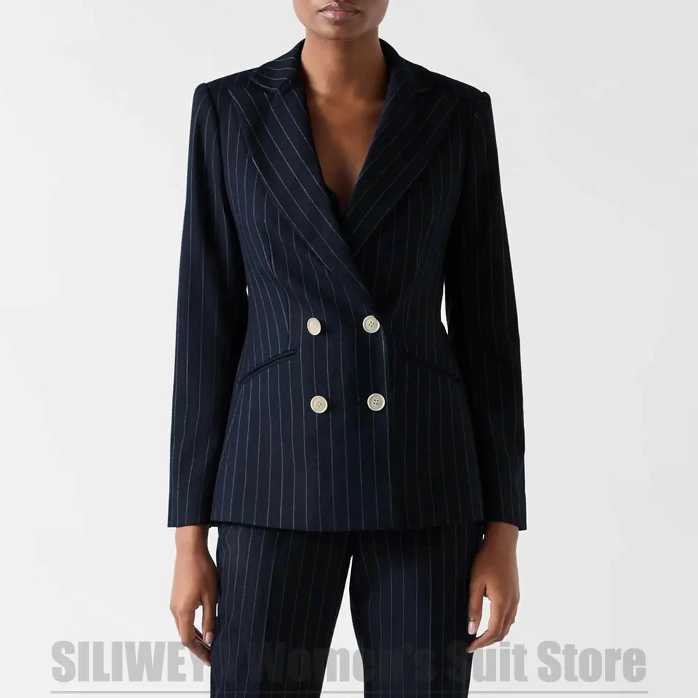 

Женский темно-синий полосатый костюм, двубортный пиджак и брюки, повседневная одежда для деловых встреч, официальный офисный наряд из двух предметов