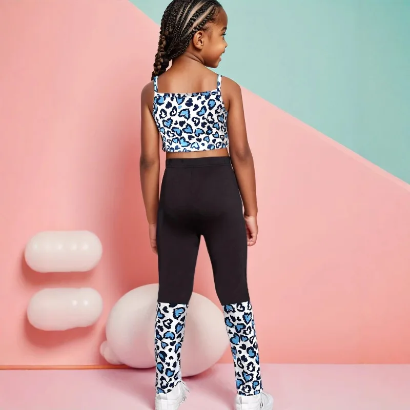 Girls Leopard Print Suit INS Summer Children's Leopard Tie Dye Full Print Suit Bottom Pants Vest Set Suitable for 1-8