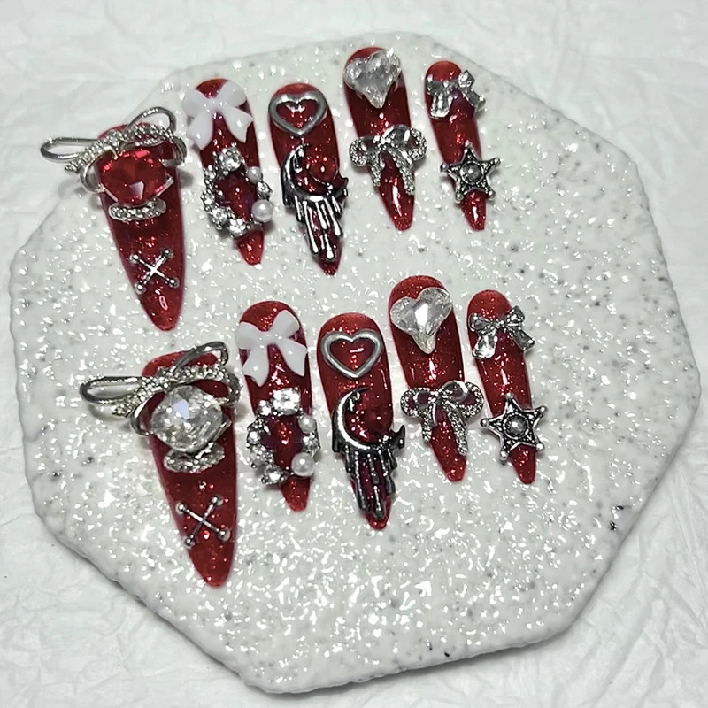 10 pezzi gotico scarlatto glitter Spice Girl stampa fatta a mano sull'arco per unghie cuore luna stella arte unghie finte