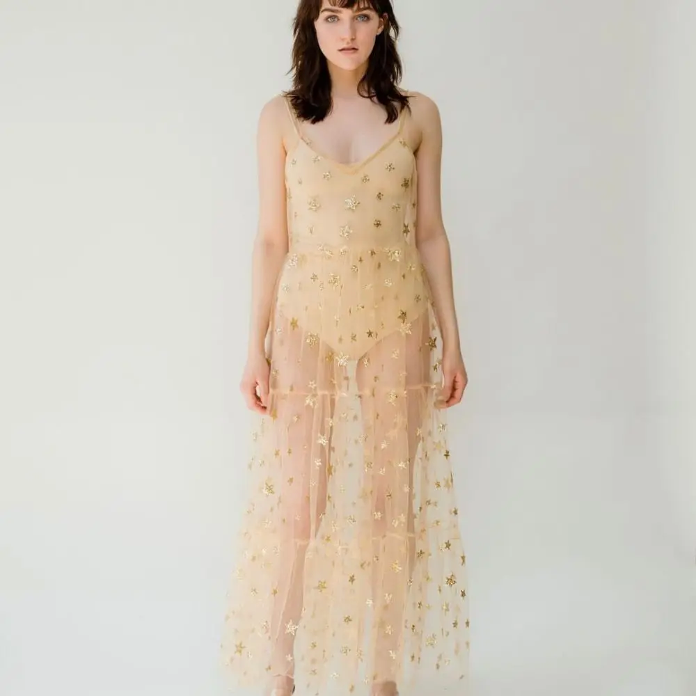 

Charming Bling Bling Dress Mesh Patchwork Star Lace V-Neck Sling Dress Spaghetti Straps Summer Tulle Dress Women Cover Up
