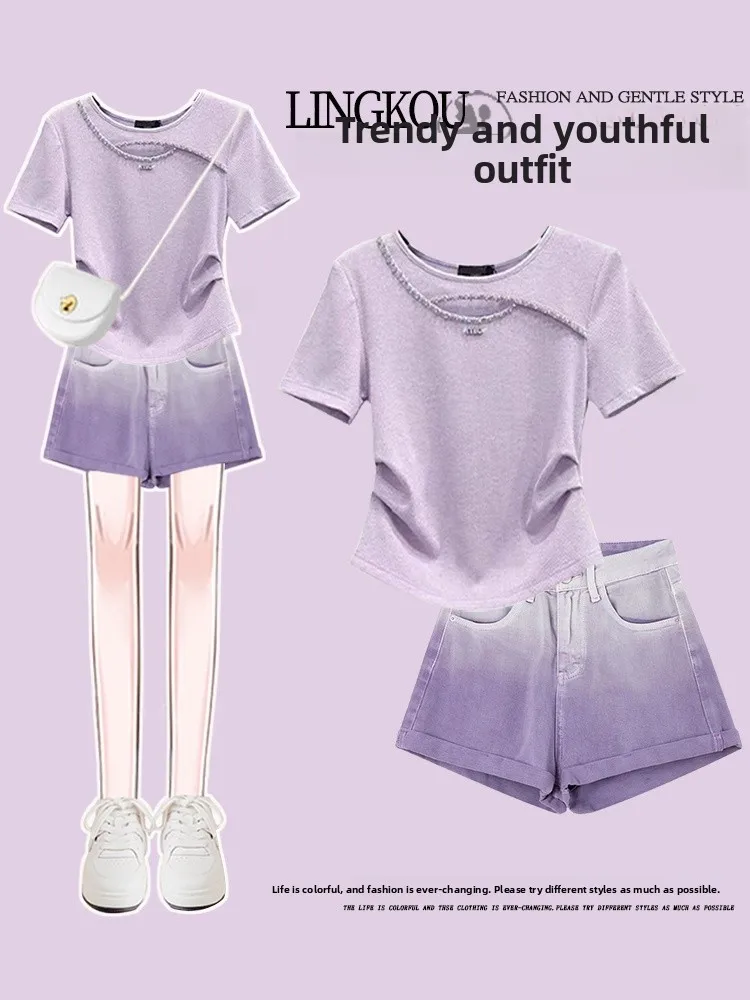 

Модная футболка с короткими рукавами и фиолетовые джинсовые шорты с градиентной окраской, комплект женской летней одежды, молодежный ансамбль