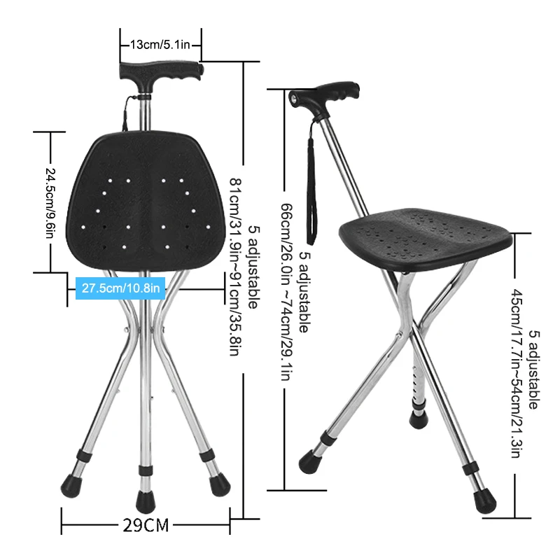 Telescopic Crutch Chair, Three-Legged Walking Stick, Folding Cane Stool, Multi-Functional Elderly Aid With Stability