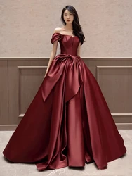 Gorgeous Wine Red Dresses Bow Stain Off the Shoulder Soft Premium Satin Princess Pleated Wedding Vintage Party Prom Host Gowns