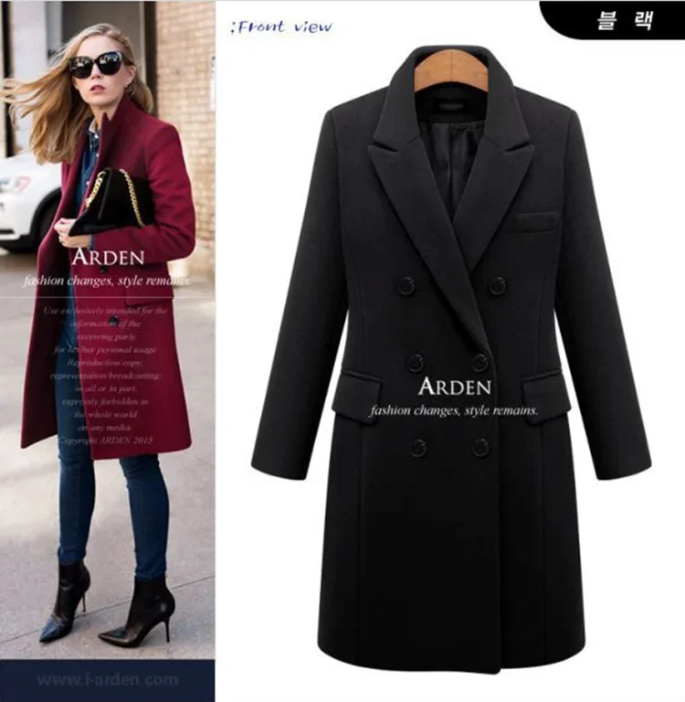 Mid-Length Woolen Women\'s Coat Double-Breasted Woolen Coats Trench Solid Color Autumn Winter Warm Outwear