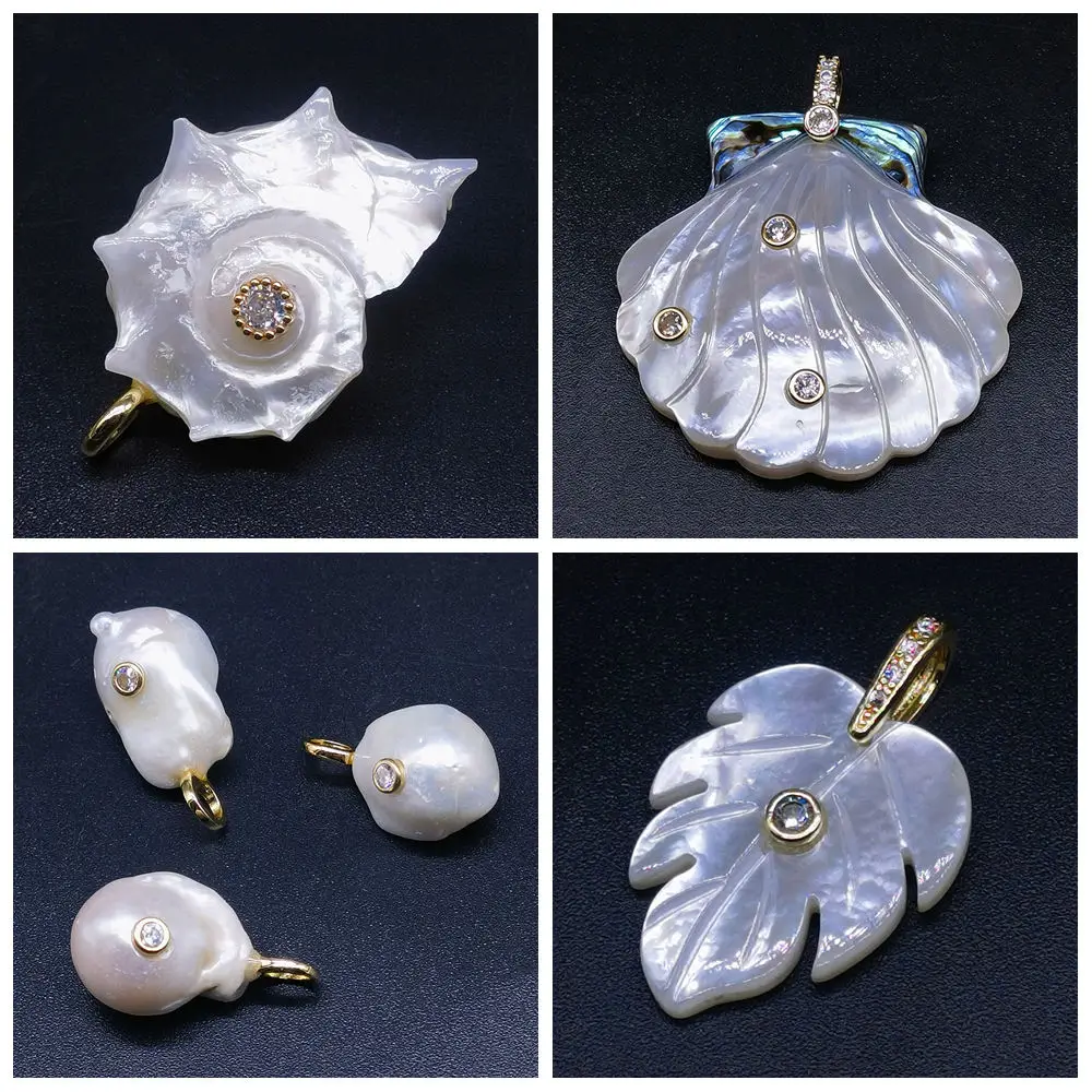 Natural White Shell Charm Shells Leaves Conch Shape with Zircon Charms Carved Gemstone for Diy Making Pendants Accessories