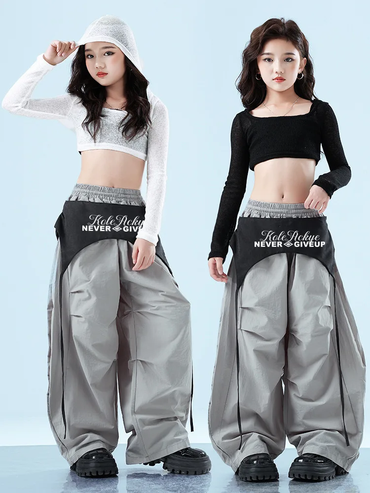 

Kid Hip Hop Clothing Semi Transparent Square Neck Crop Hoodie Smock Top Gray Belt Parachute Pants for Girl Dance Costume Clothes