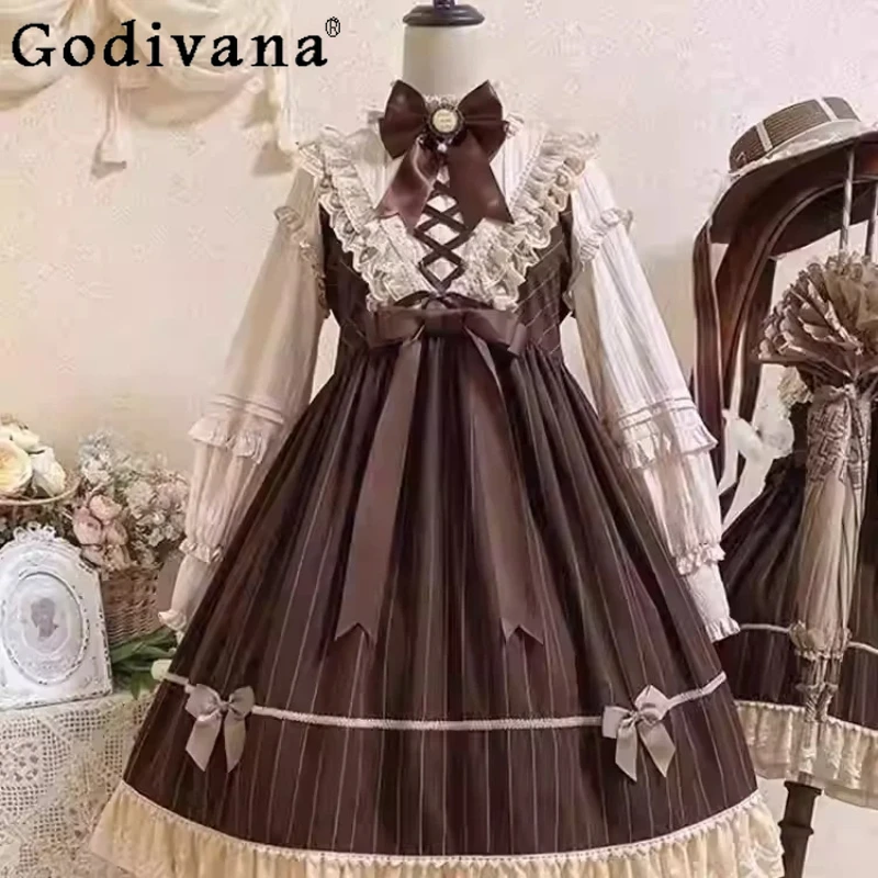 

Spring Autumn Classical Lolita High Waist A-line Long Sleeve Dress Female Sweet Stand Collar Heavy Industry Princess Dresses