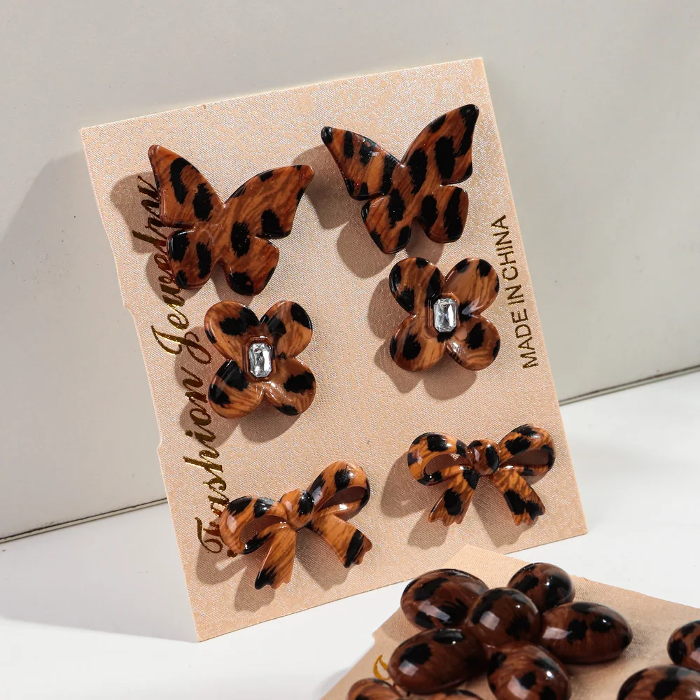 3 par/set Vintage acrílico marrón estampado de leopardo múltiples formas pendientes conjunto resina geométrica pendiente mujer 2024 joyería de diseño