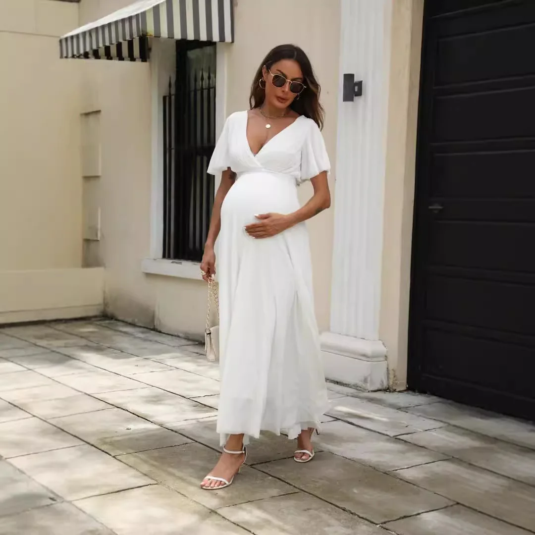 American Fashion Summer V neck Party Dress Maternity Deep V neck Slim Waist  Backless Maxi Long White Clothes for Pregnant Women - AliExpress 1501
