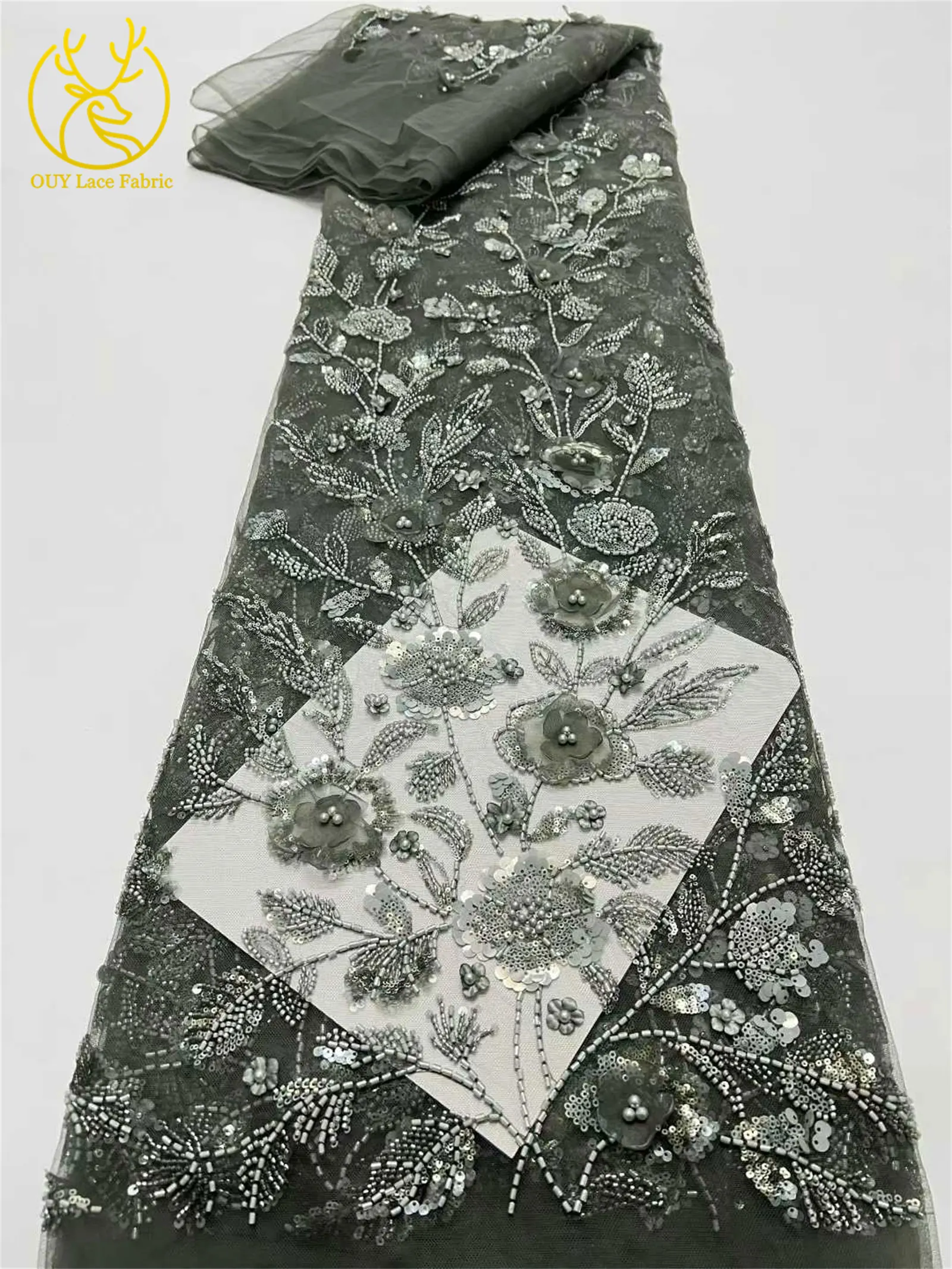 Afrikanischer 3D-Blumen-Handperlen-Spitzenstoff 2026 Hochwertiger Französischer Stil Nigerianischer Pailletten-Spitzenstoff Ideal für Partykleider – Detail 16