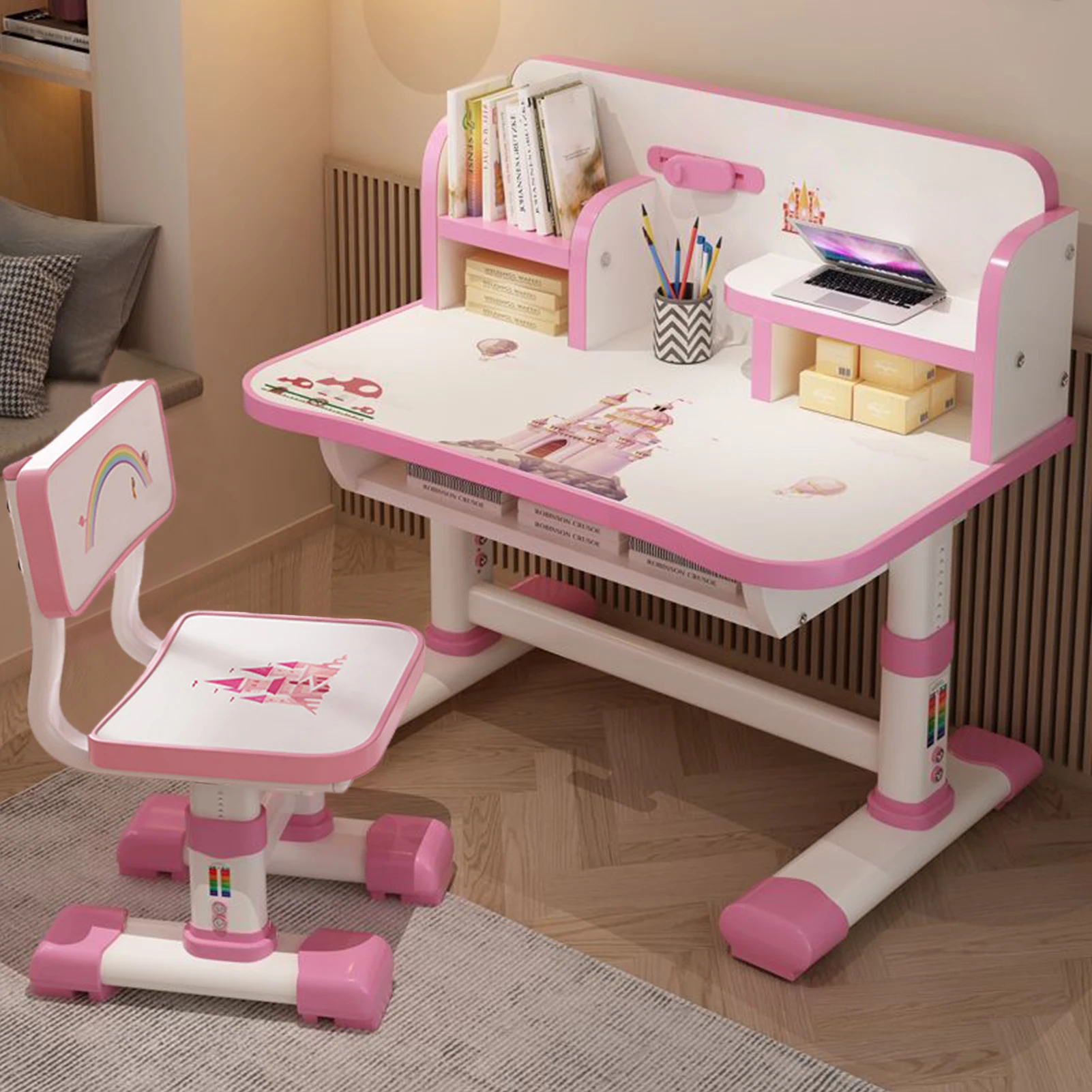 Rosa höhenverstellbares Kinderschreibtisch- und Stuhl-Set aus Holz für Kinder, Arbeitszimmer-Schreibtisch-Set mit Schreibtisch und Schublade, Stuhl-Set für Jungen und Mädchen