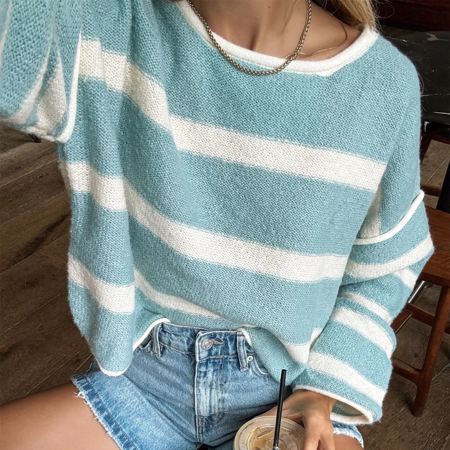 

Women's Striped Sweater Fall Winter Knitwear Fashion Casual Crew Neck Long Sleeve Loose Fit Knit Pullovers Tops Y2K Streetwear