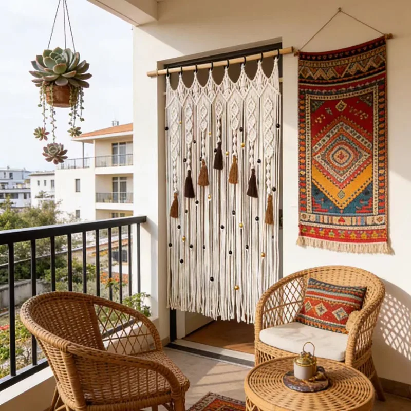 Hand-woven fringed door curtain cotton rope curtain balcony bedroom half blackout curtain entrance blocking partition