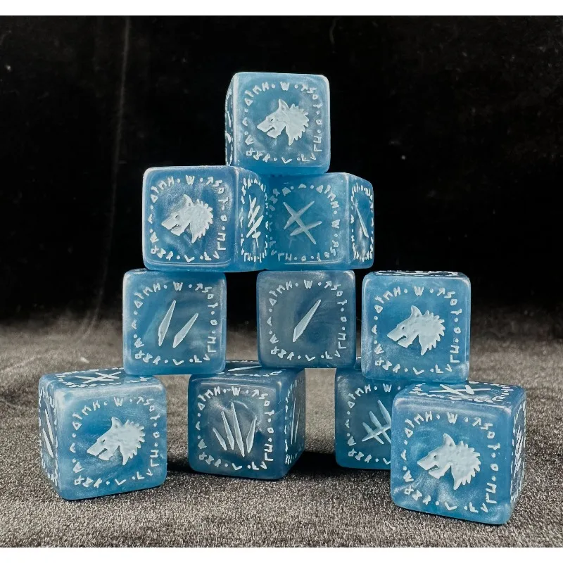 Warhammer 40K Space Wolves Dice 10/20Pcs 16mm D6 Blue Swirl Pearl Resin Wolf Emblem Rune Dice Tabletop Wargame Hobby Accessories