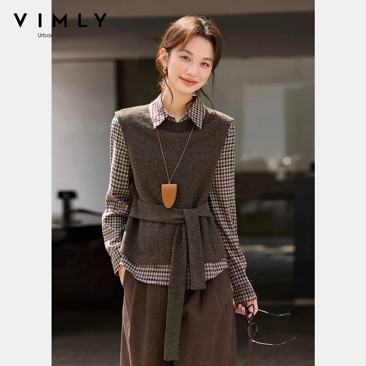 

VIMLY Women's Two-Piece Set 2025 Autumn Plaid Shirt & Round Neck Vest Top Layered Lace-up Loose Fit Commuter Casual Outfit A3501