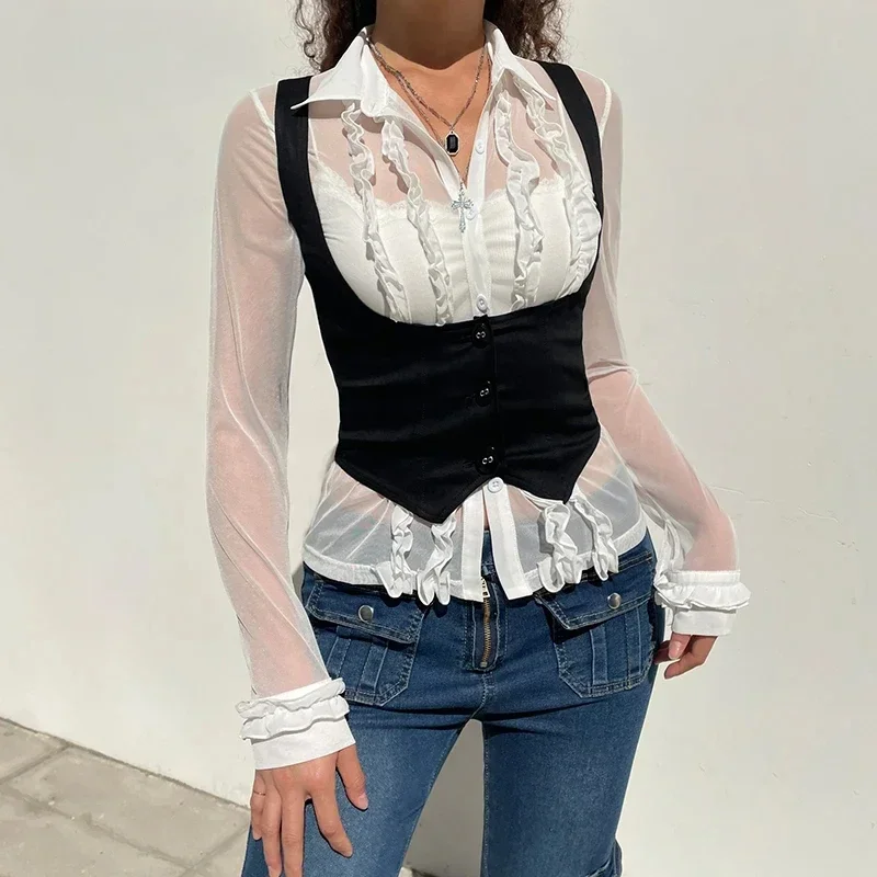 

Black Vintage Academia Breasted Corset Top Female Harajuku Vest Jacket Cropped Tank Tops Gothic Waistcoat Cute Summer