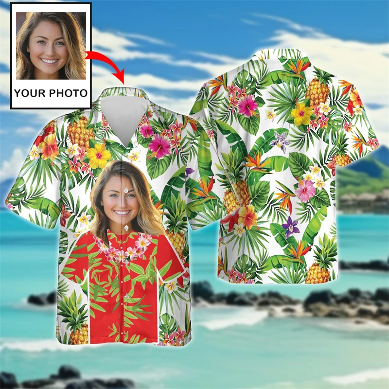 

Custom Hawaii Women Beach Shirts Cute Design Button Clothing Girlfriend Birthday Present Shirt Customized Photos Female Blouses