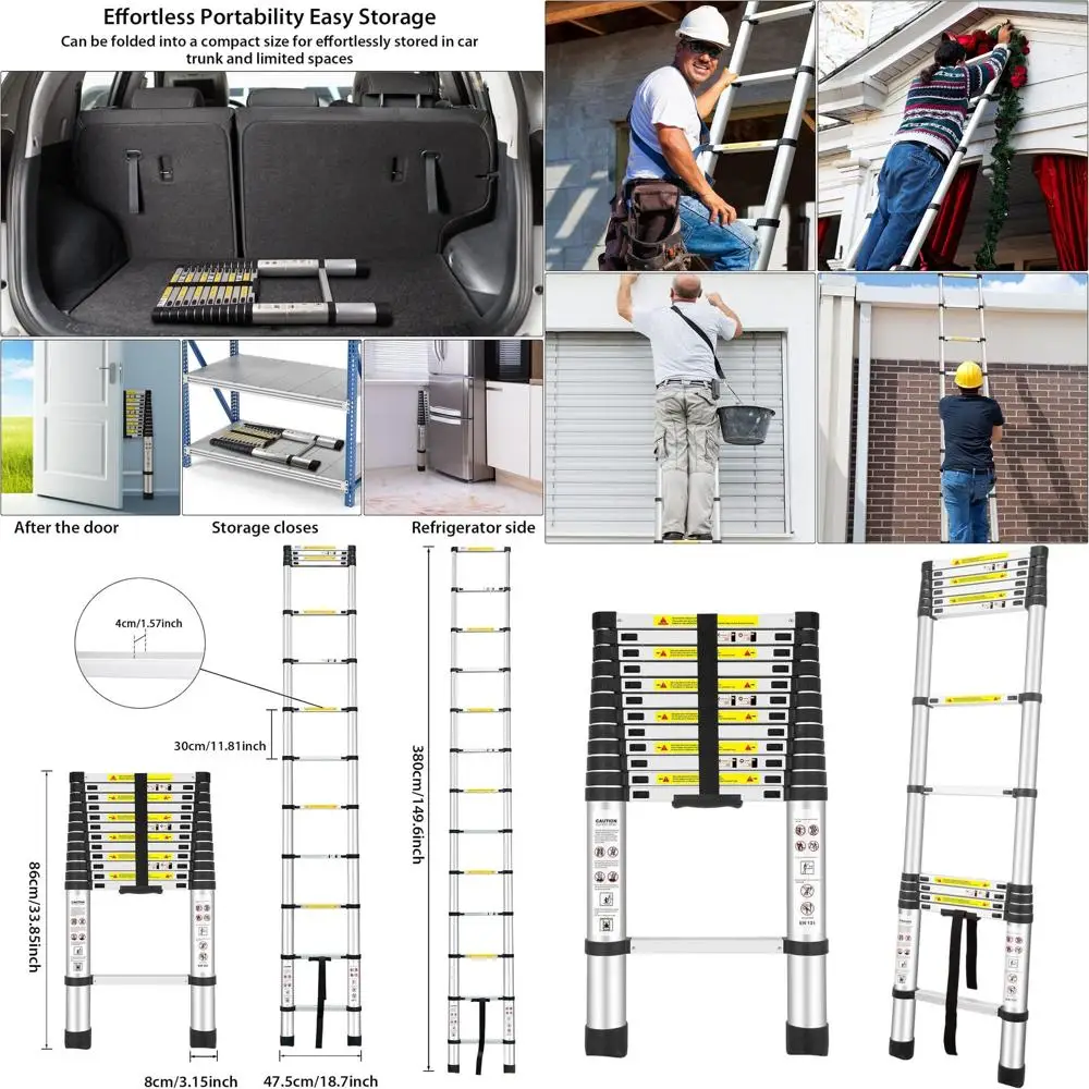 

Aluminum Telescoping Ladder 12.5Ft/3.8M, EN131 Certified, 330lbs Load, Ideal for RVs, Attics, and Outdoor Tasks
